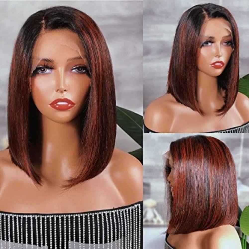 14 " Red Brown Virgin Human Straight Hair With Lace Front Wig Ombre Wig New